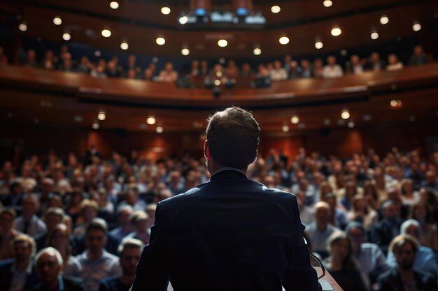 Người đàn ông đứng trước đám đông khán giả, minh họa khát khao được công nhận và ngưỡng mộ