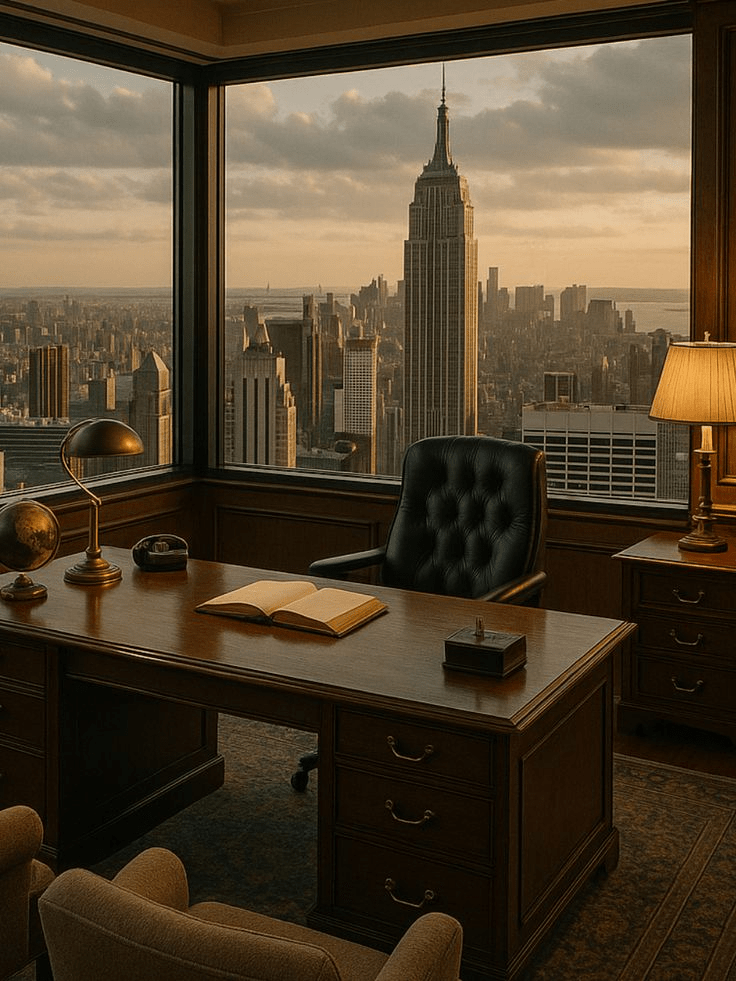 Phòng làm việc sang trọng với bàn gỗ cổ điển và tầm nhìn hướng ra tòa nhà Empire State, gợi cảm giác quyền lực và tập trung.