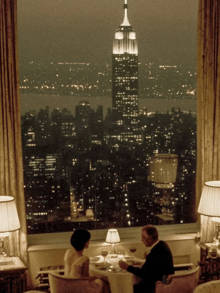 Cặp đôi dùng bữa tối sang trọng bên cửa sổ lớn nhìn ra tòa nhà Empire State giữa ánh đèn thành phố.