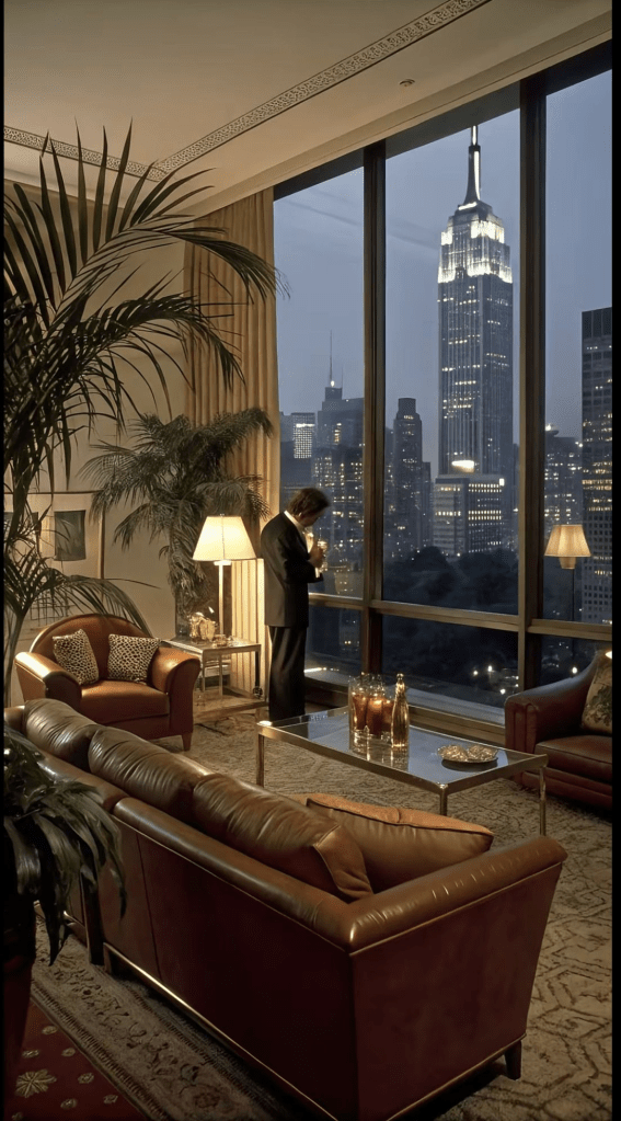 Không gian căn hộ cao cấp nhìn ra thành phố, người đàn ông đứng trầm ngâm bên cửa kính, gợi cảm giác tập trung và tự chủ.